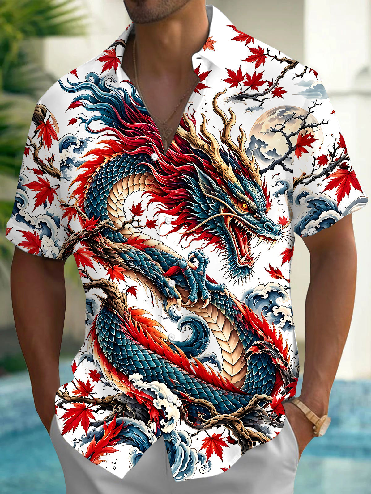 Adaychic Men's Hawaiian Dragon Print Maple Leaf Print Short Sleeve Shirt with Chest Pocket