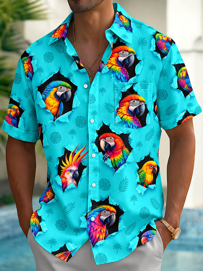 Adaychic Men's Colorful Parrots And Tropical Leaves Print Short Sleeve Shirt with Chest Pocket
