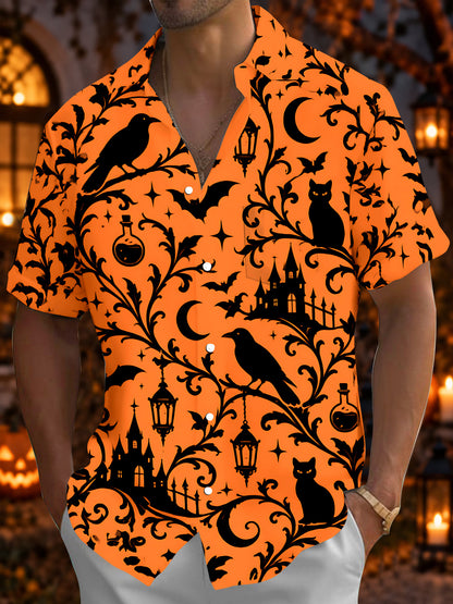 Adaychic Men's Short Sleeve Shirt - Halloween Black Cats Crows Bats Castles And Moon Print with Chest Pocket