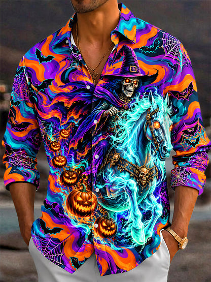 Adaychic Men's Halloween Skeleton Wizard On Ghost Horse Print Long Sleeve Shirt with Chest Pocket