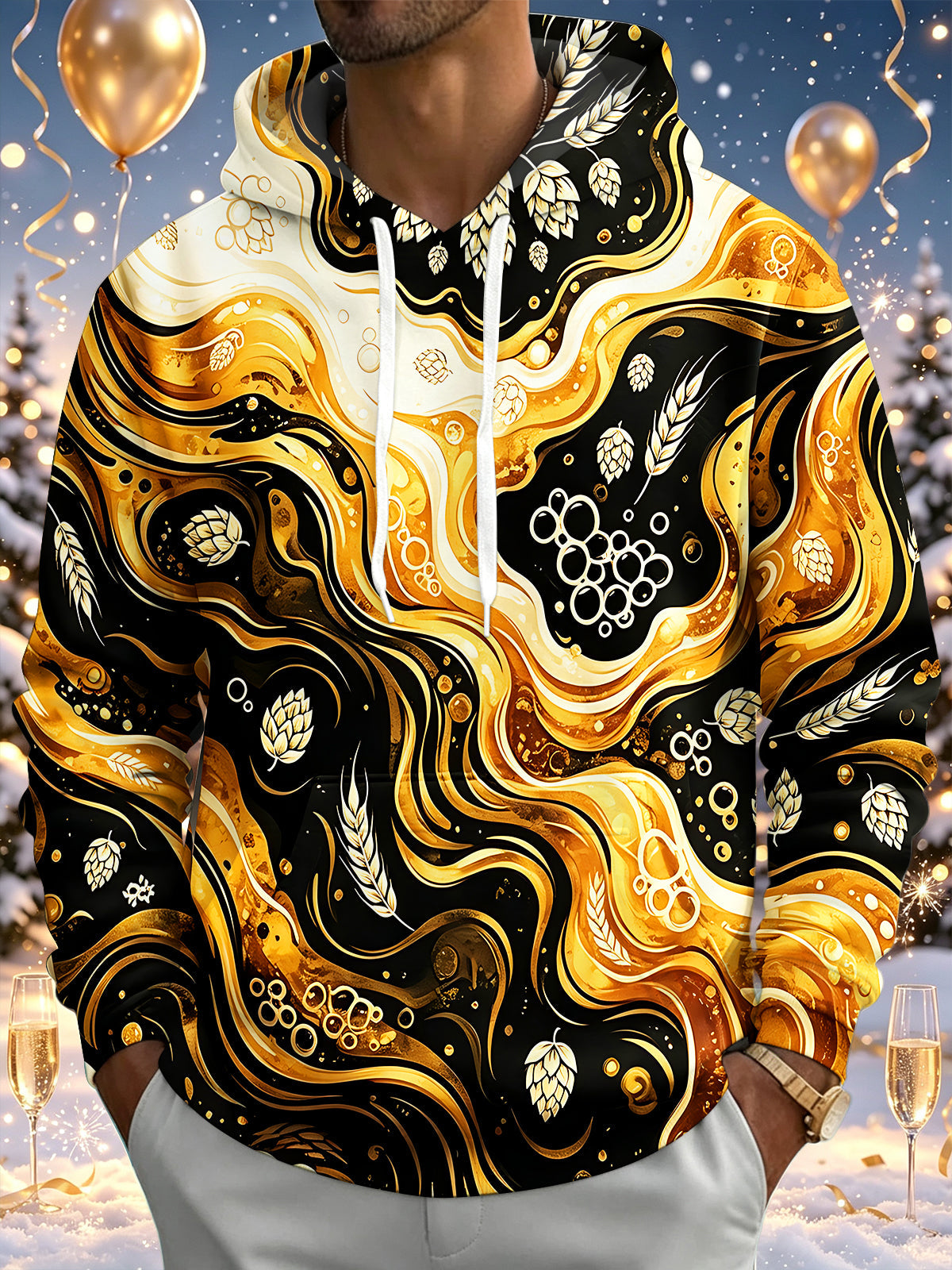 Adaychic Men's Patterned Gold Fluid Beer Hops Pattern Long Sleeve Hoodie