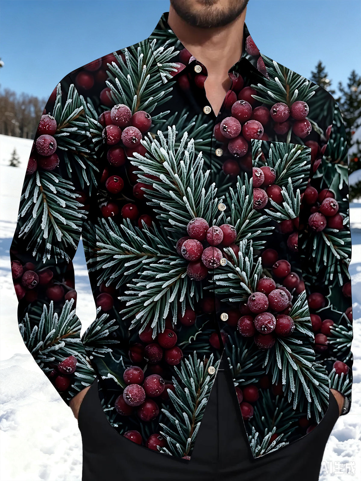 Adaychic Men's Long Sleeve Shirt - Christmas Frosted Pine Needles And Red Berries Print with Chest Pocket