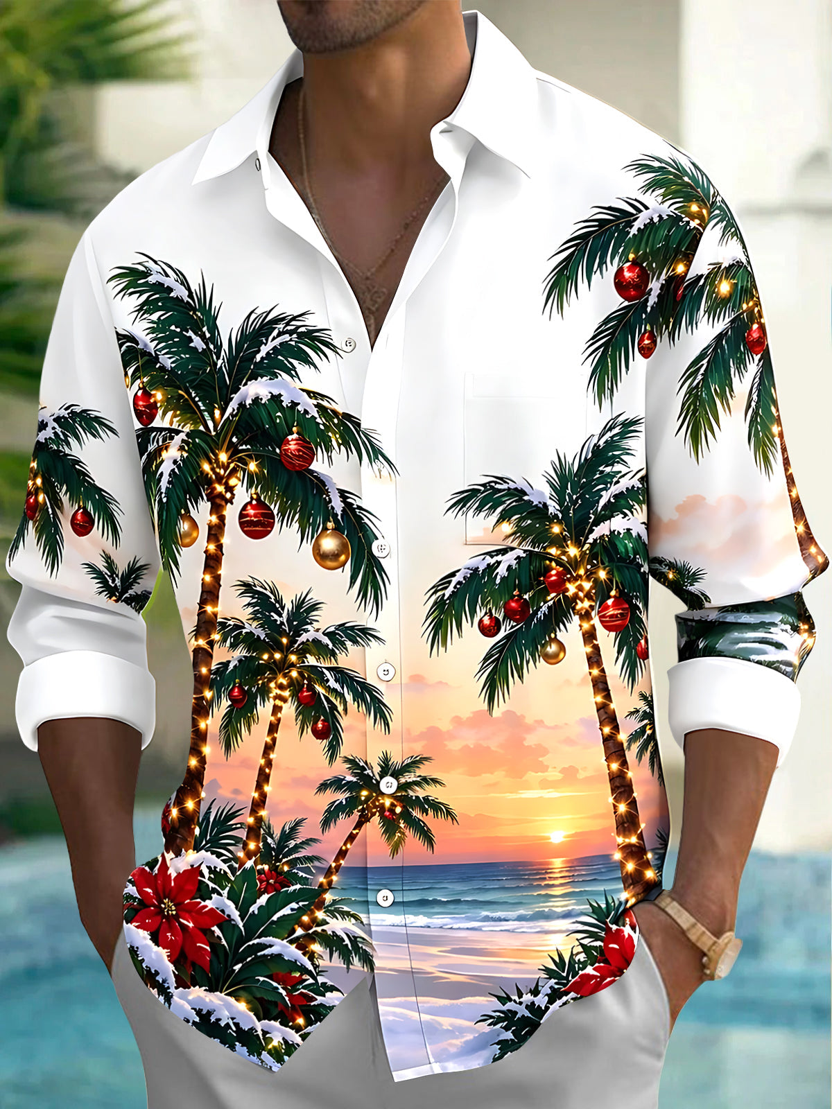 Adaychic Men's Long Sleeve Shirt - Palm Trees With Christmas Ornaments And Lights Print with Chest Pocket