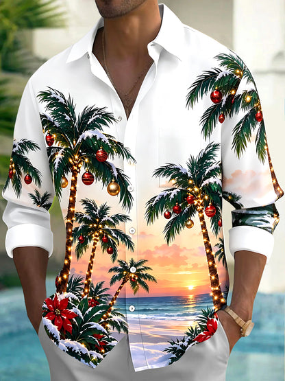 Adaychic Men's Long Sleeve Shirt - Palm Trees With Christmas Ornaments And Lights Print with Chest Pocket