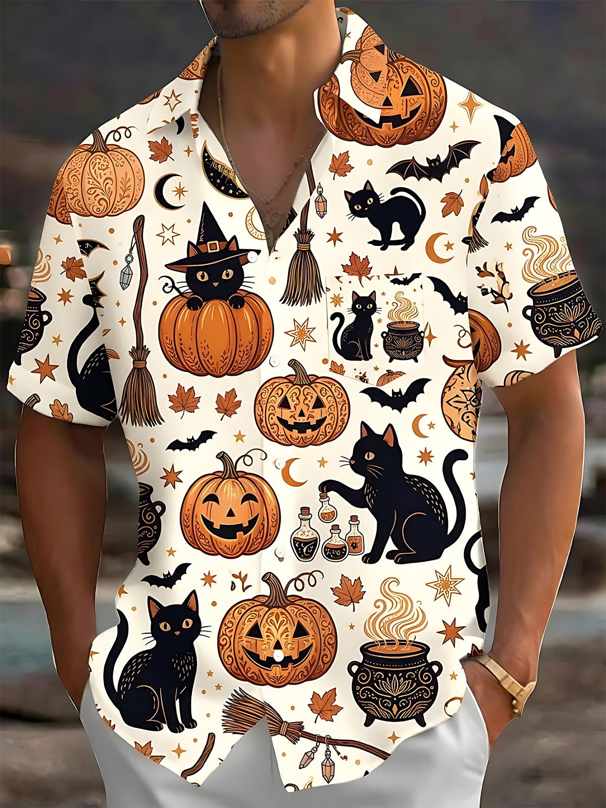 Adaychic Men's Halloween Black Cats And Pumpkins Print Short Sleeve Shirt with Chest Pocket