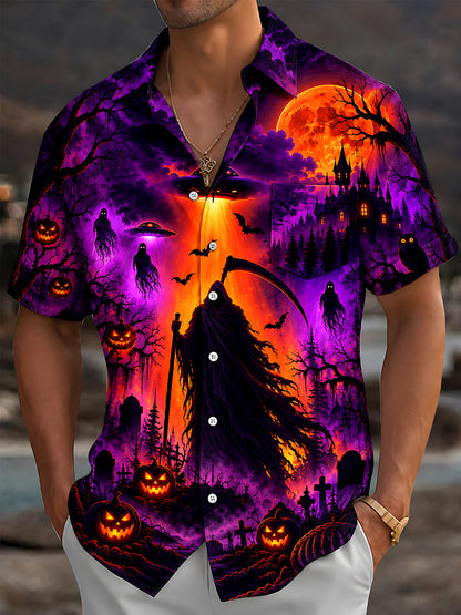 Adaychic Men's Short Sleeve Shirt - Halloween Grim Reaper And Jack-o-lanterns In A Graveyard Print with Chest Pocket