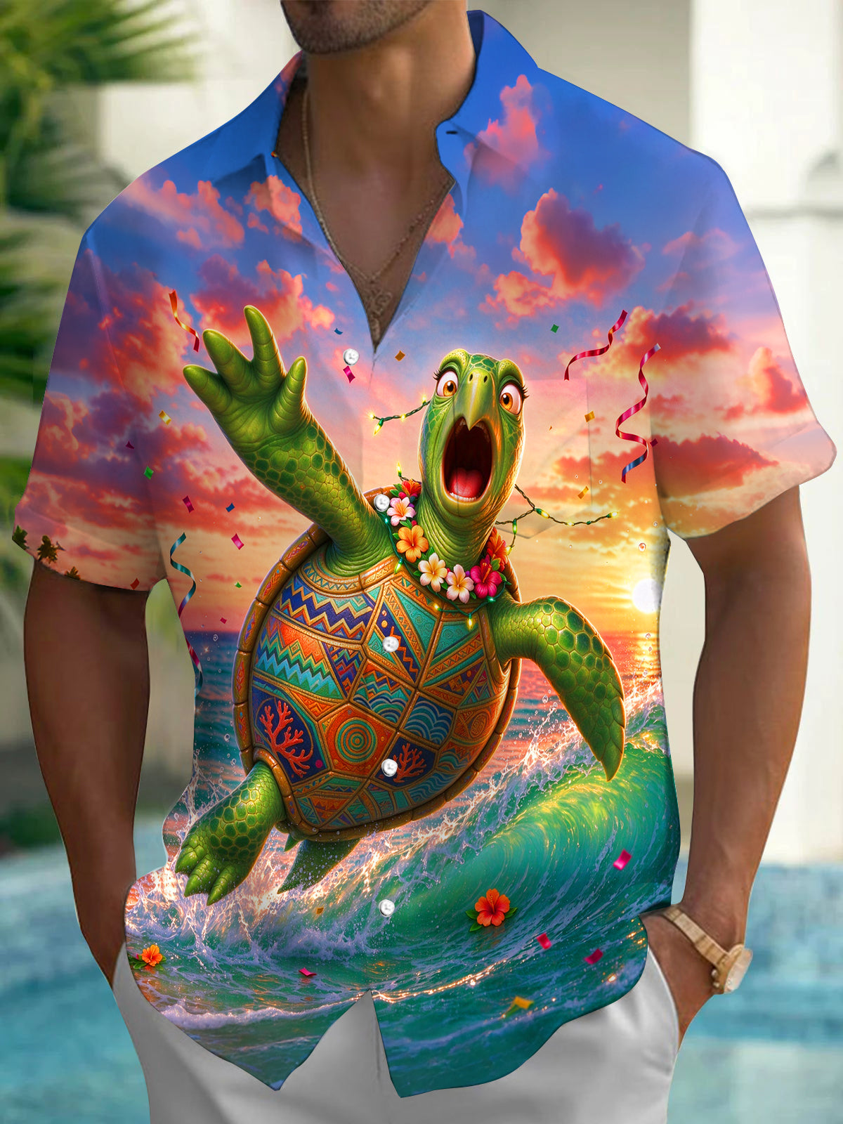 Adaychic Men's Short Sleeve Shirt - Animated Turtle With Hawaiian Lei And Sunset Seascape Print with Chest Pocket