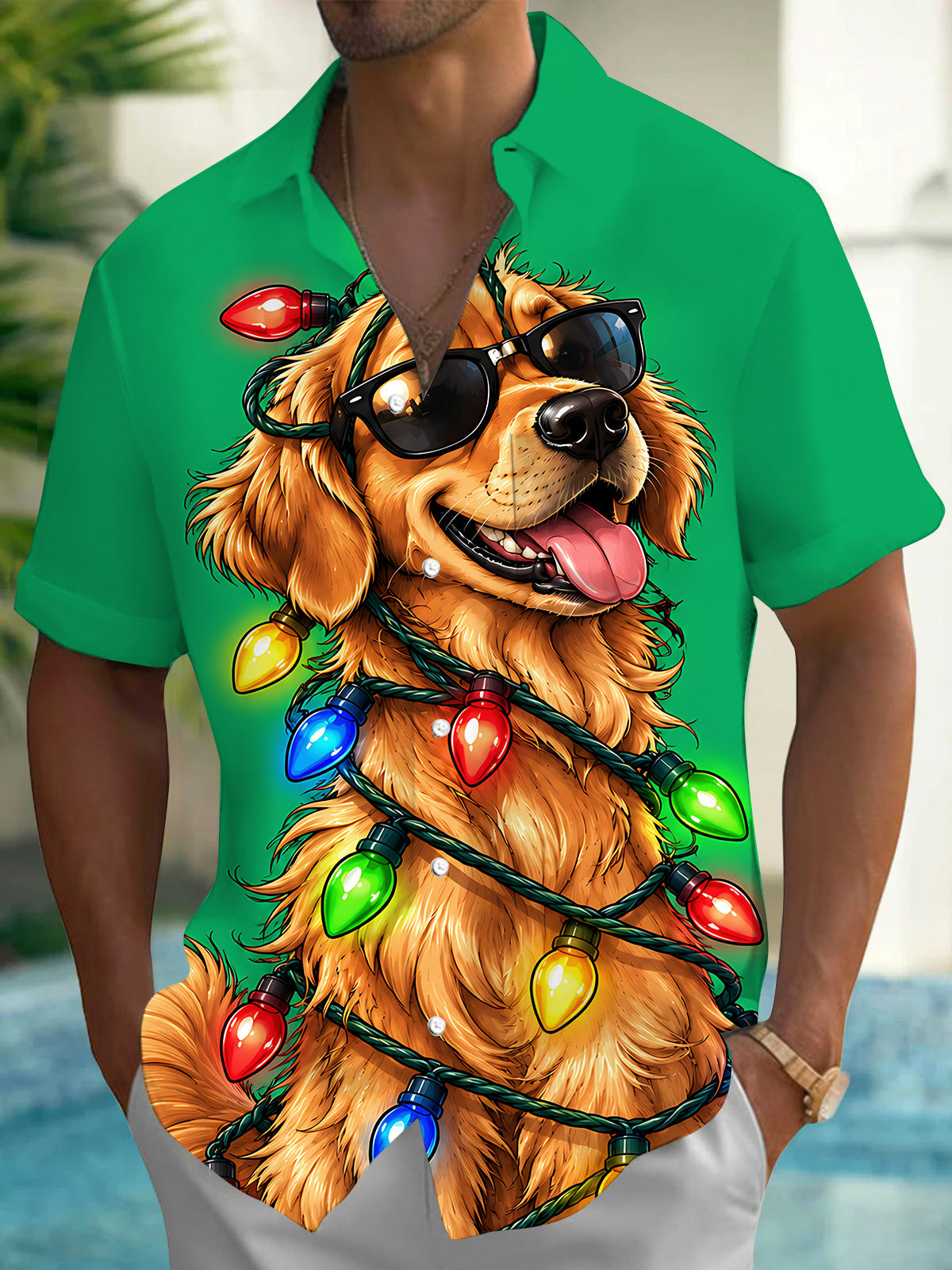 Adaychic Men's Graphic Christmas Dog And String Lights Print Short Sleeve Shirt with Chest Pocket
