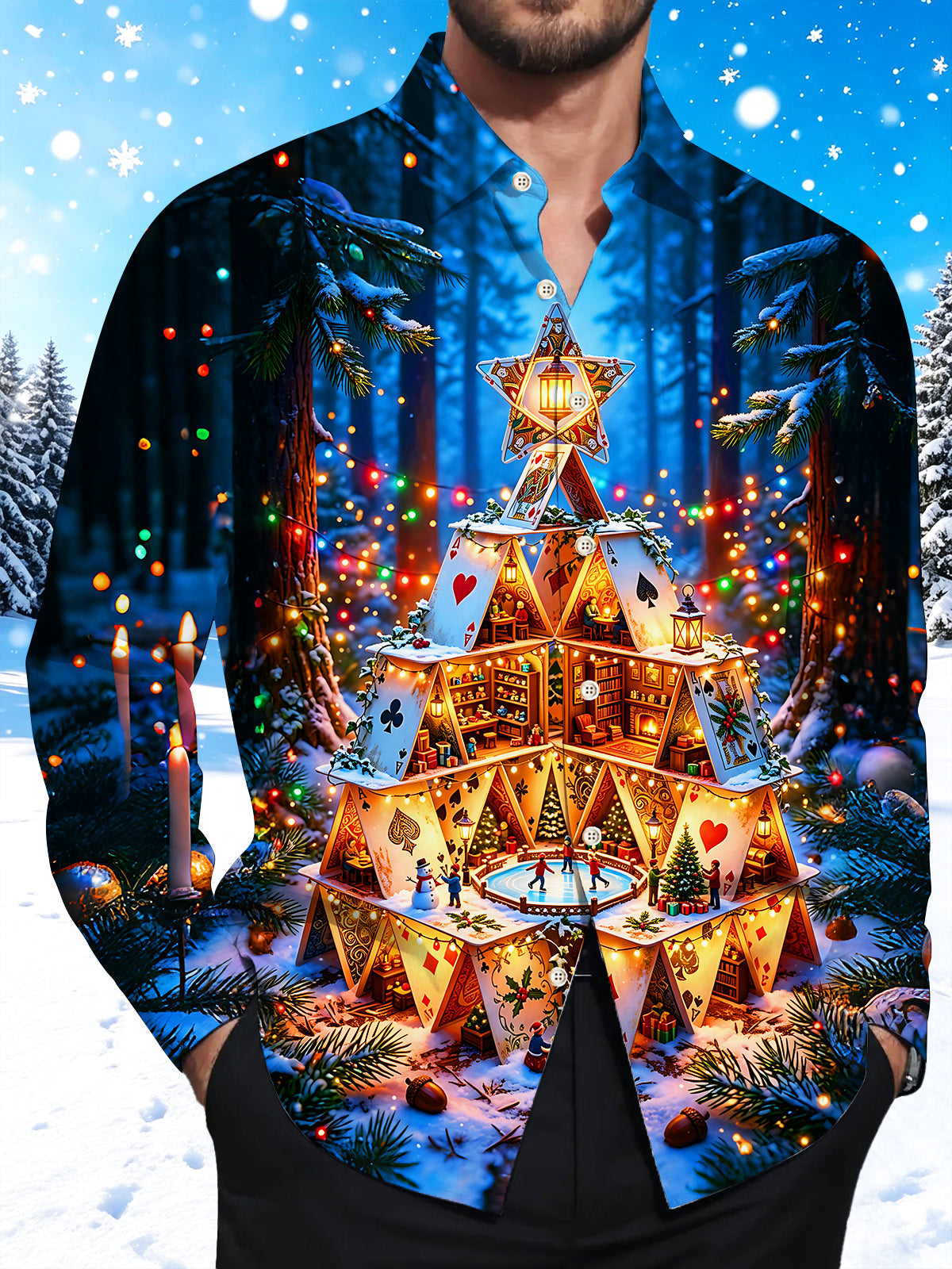 Adaychic Men's Printed Christmas Card House Print Long Sleeve Shirt with Chest Pocket