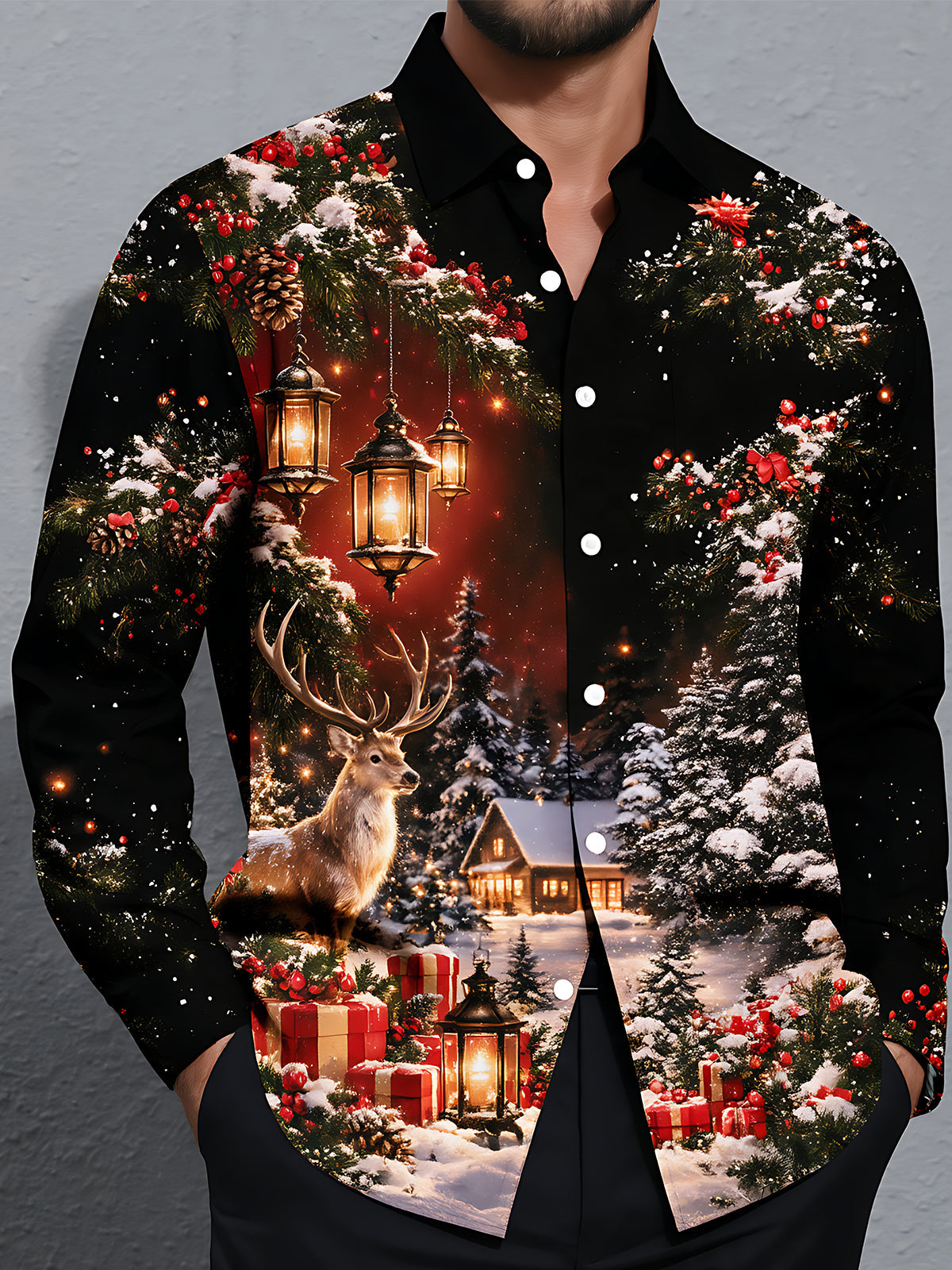 Adaychic Men's Long Sleeve Shirt - Christmas Winter Reindeer And Snowy Cabin Scene Print with Chest Pocket