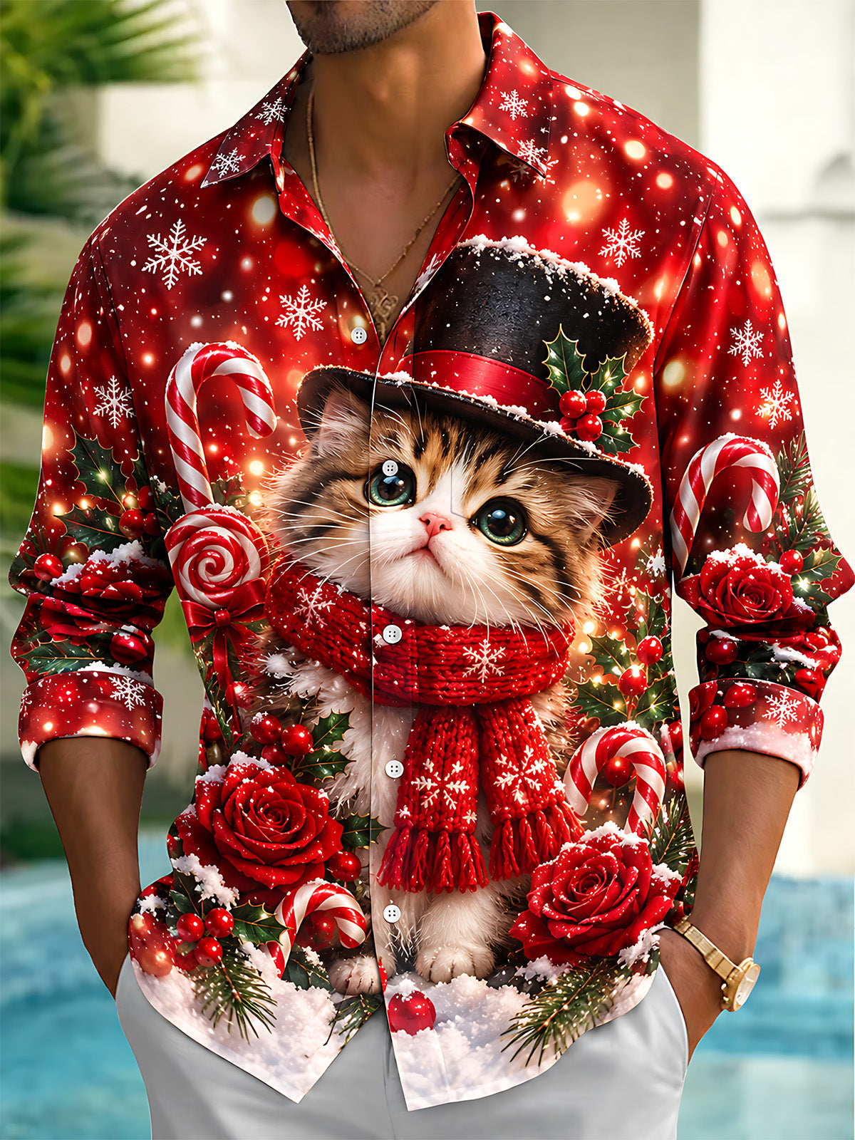 Adaychic Men's Christmas Cat With Top Hat And Scarf Print Long Sleeve Shirt with Chest Pocket