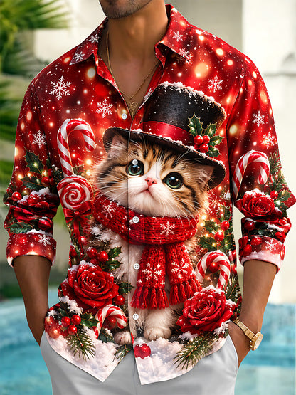 Adaychic Men's Christmas Cat With Top Hat And Scarf Print Long Sleeve Shirt with Chest Pocket
