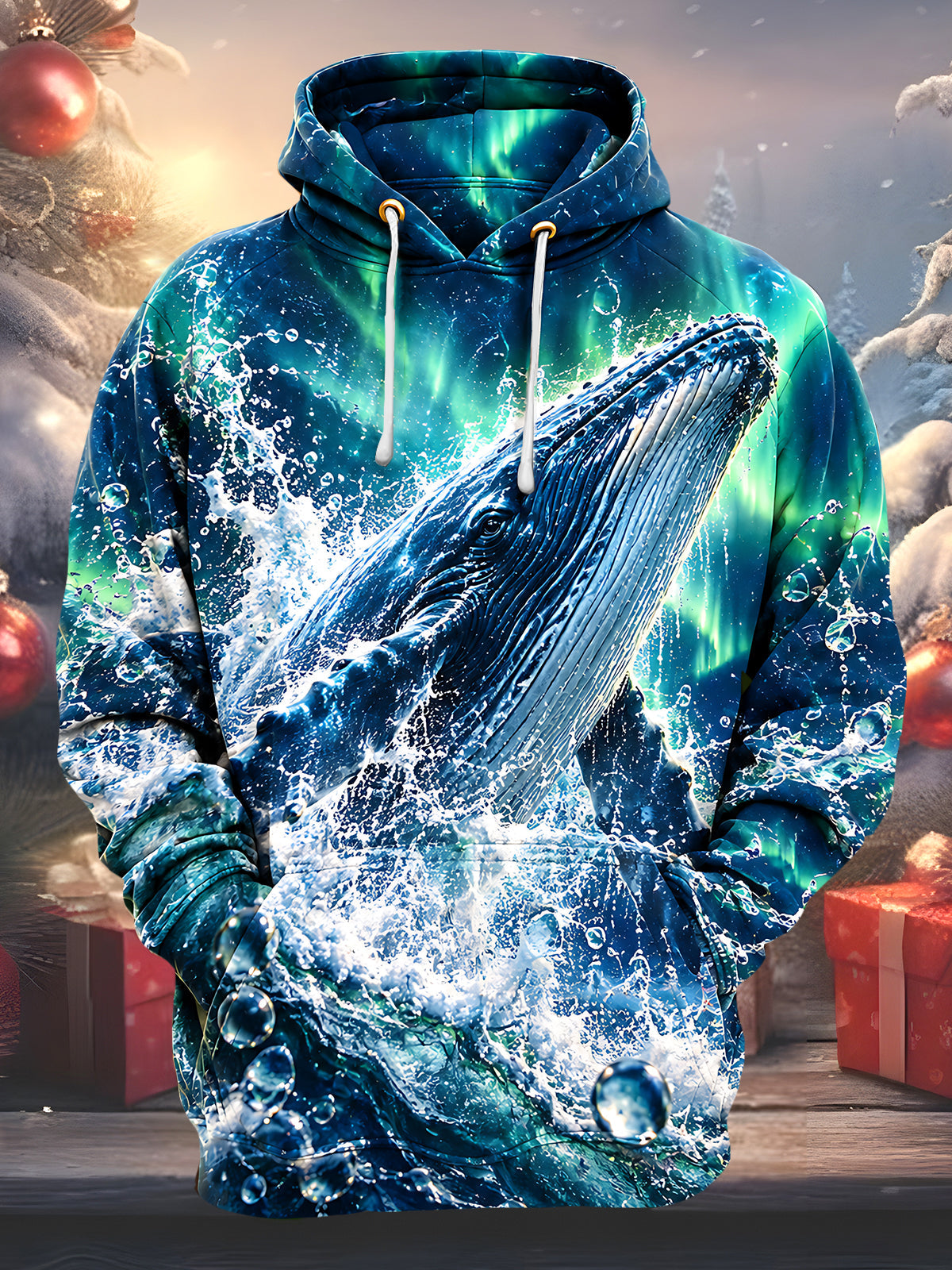 Adaychic Men's Graphic Whale Splash Print Long Sleeve Hoodie