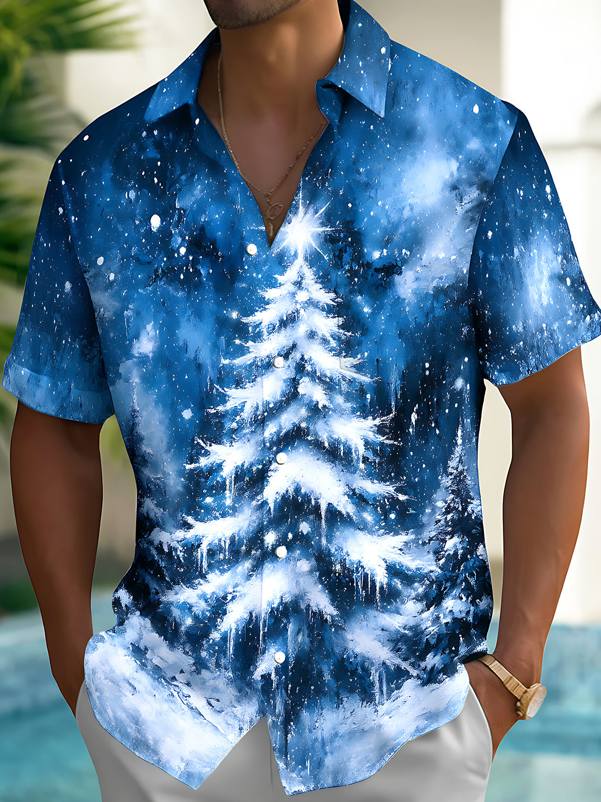 Adaychic Men's Hawaiian Snow-covered Christmas Tree Print Short Sleeve Shirt with Chest Pocket