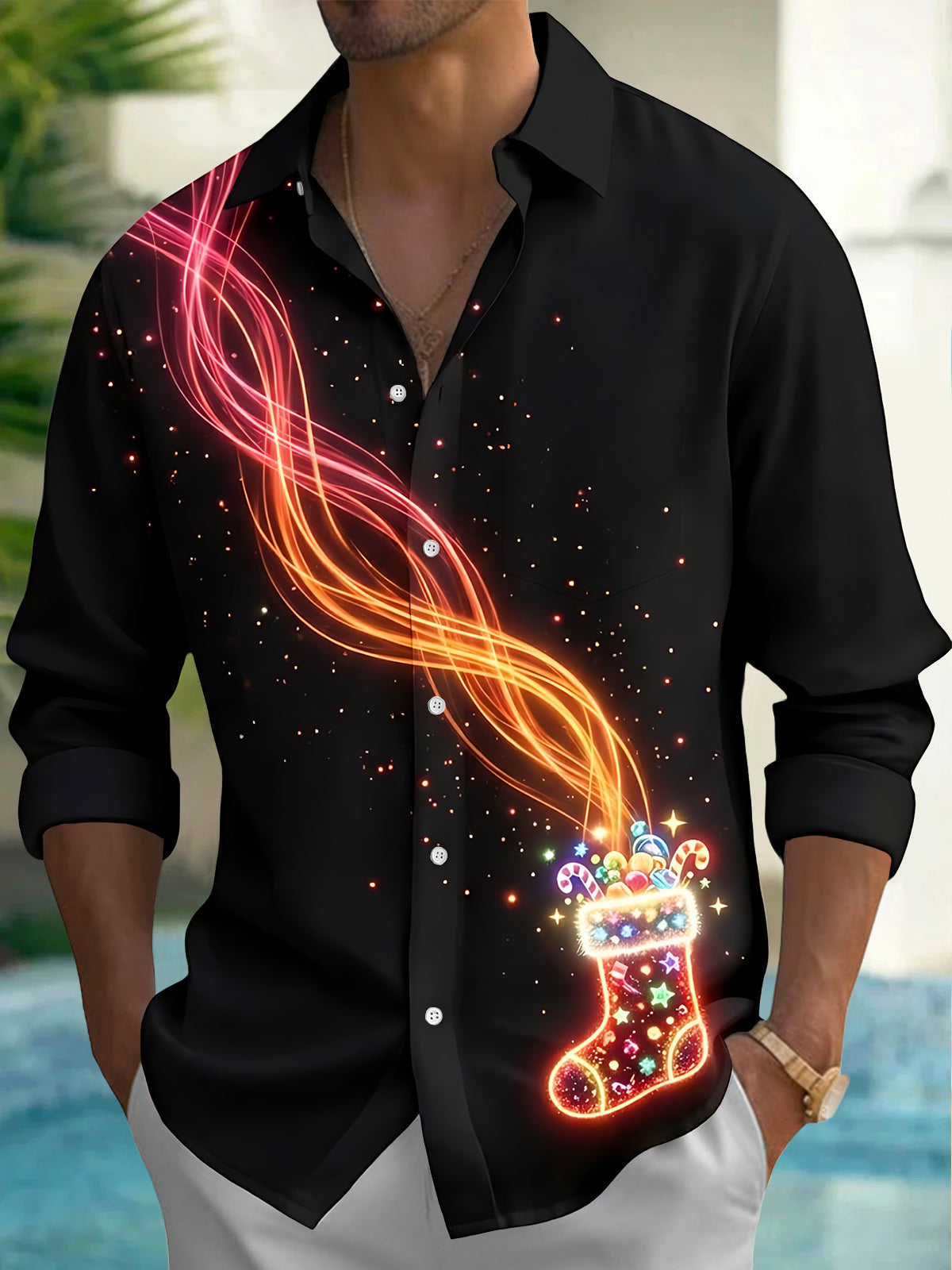 Adaychic Men's Graphic Neon Christmas Stocking Print Long Sleeve Shirt with Chest Pocket