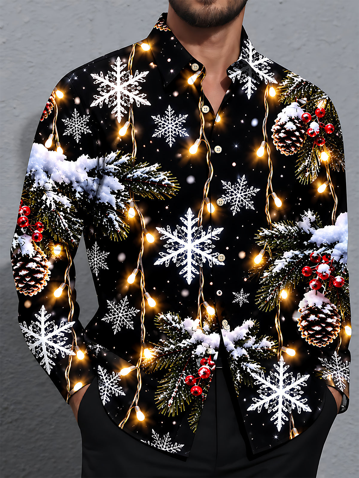 Adaychic Men's Long Sleeve Shirt - Christmas Snowflakes Pine Cones And Fairy Lights Print with Chest Pocket