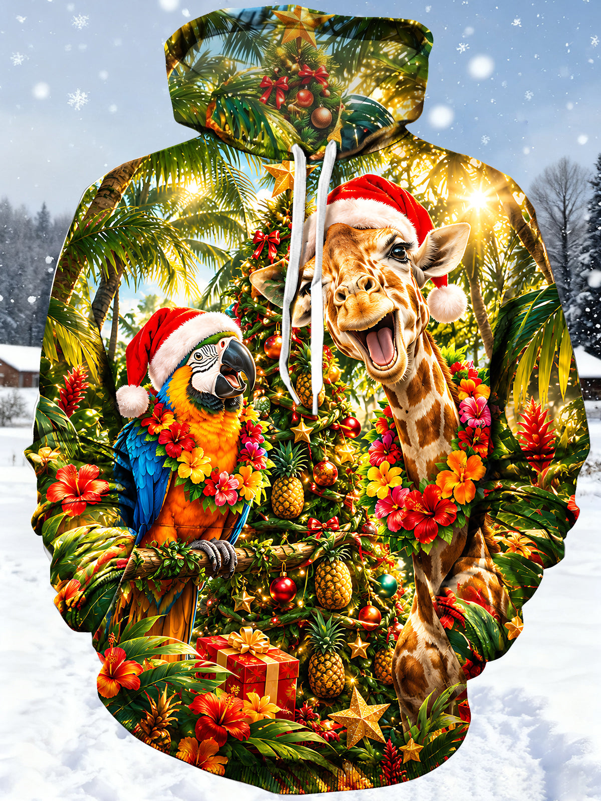 Adaychic Men's Hawaiian Christmas Giraffe Print Parrot Print Long Sleeve Hoodie
