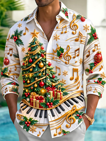 Adaychic Men's Graphic Christmas Tree Print Long Sleeve Shirt with Chest Pocket