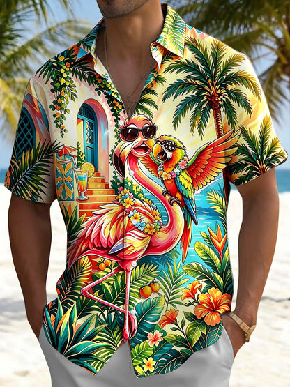 Adaychic Men's Short Sleeve Shirt - Flamingo And Parrot With Tropical Plants Print with Chest Pocket