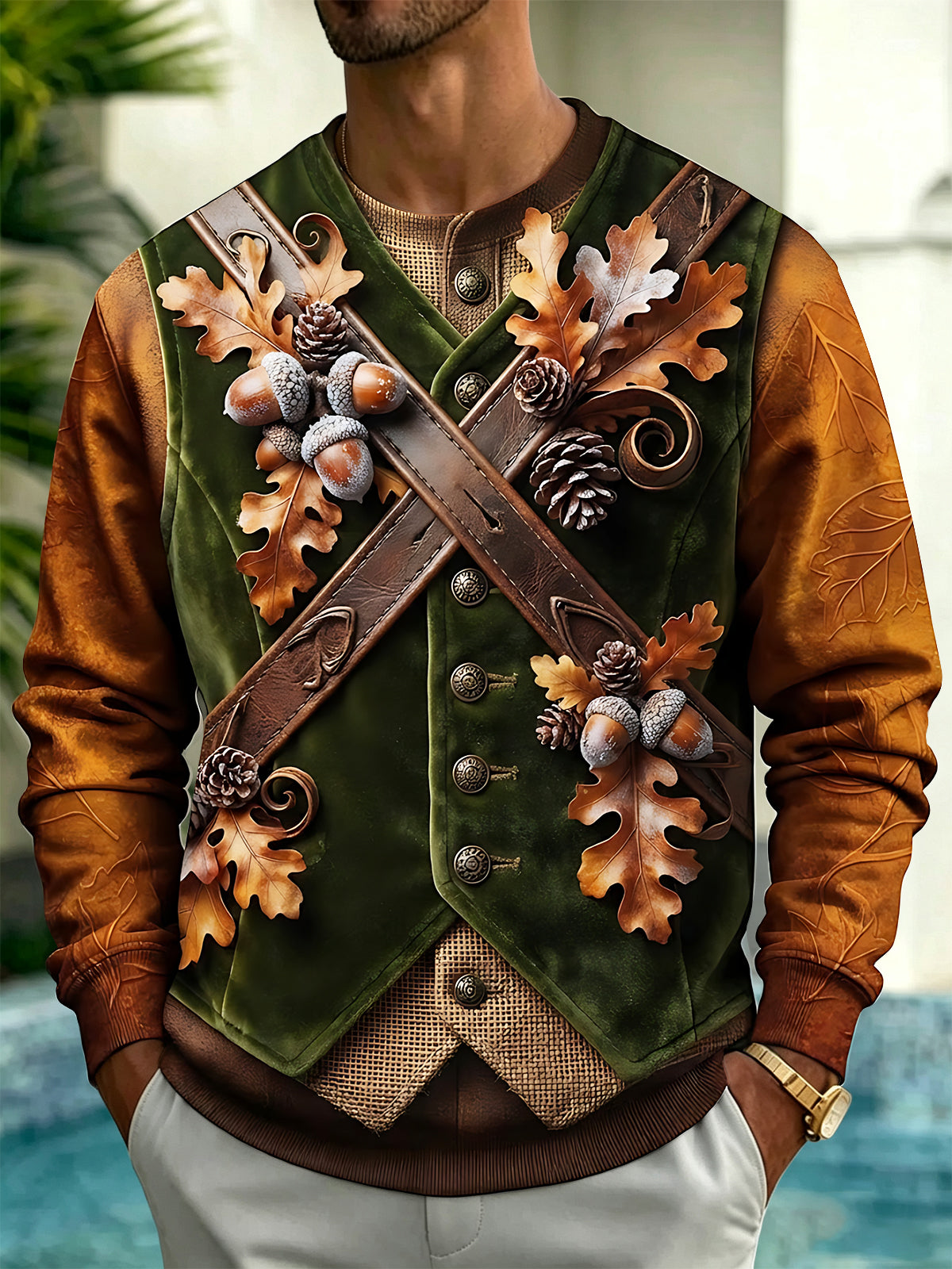 Adaychic Men's Vintage Style Acorns And Oak Leaves Print Long Sleeve Hoodie