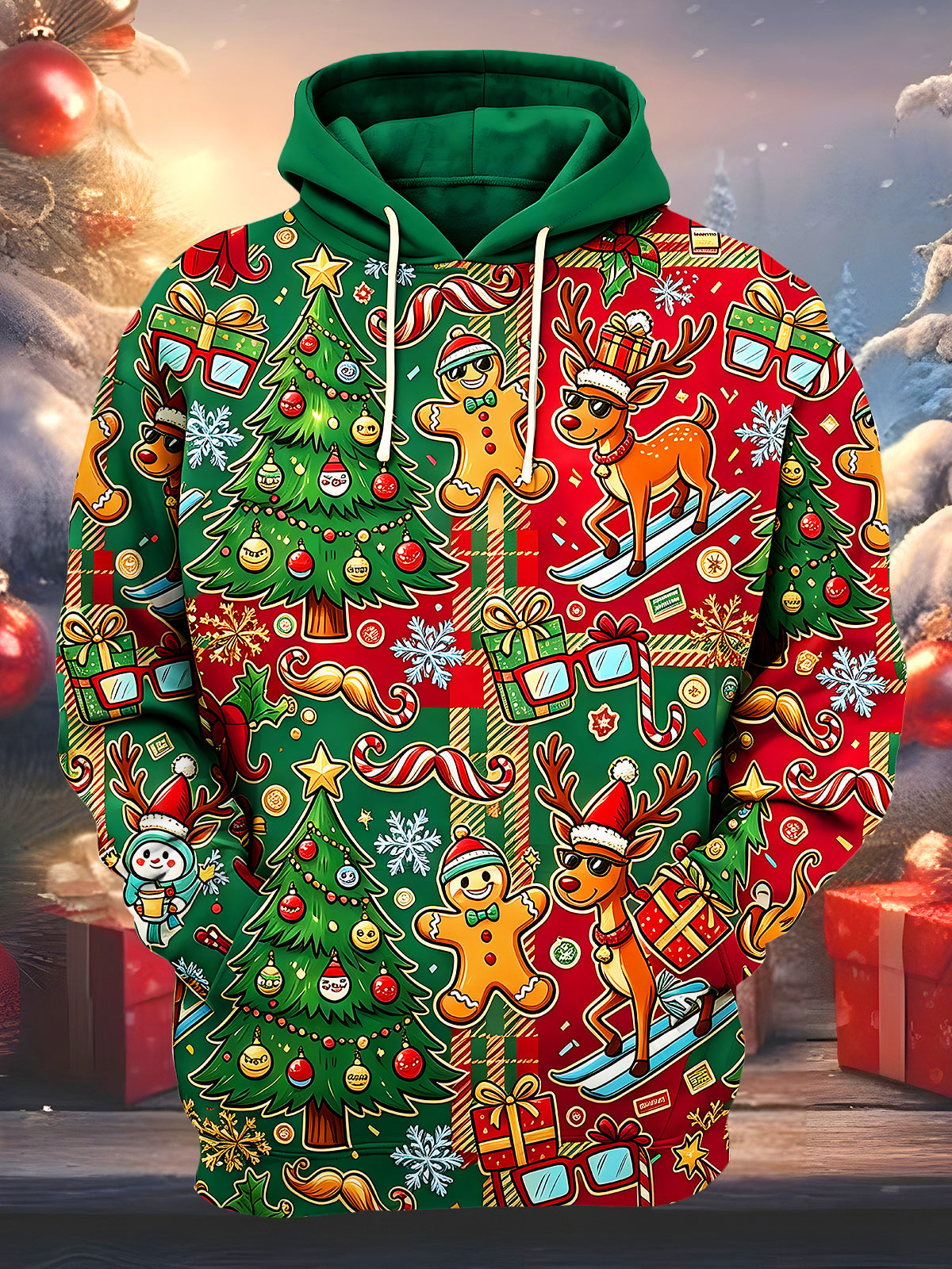Adaychic Men's Graphic Gingerbread Man And Reindeer Print Long Sleeve Hoodie