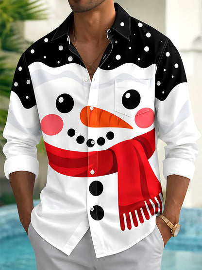 Adaychic Men's Graphic Snowman Print Christmas Print Long Sleeve Shirt with Chest Pocket