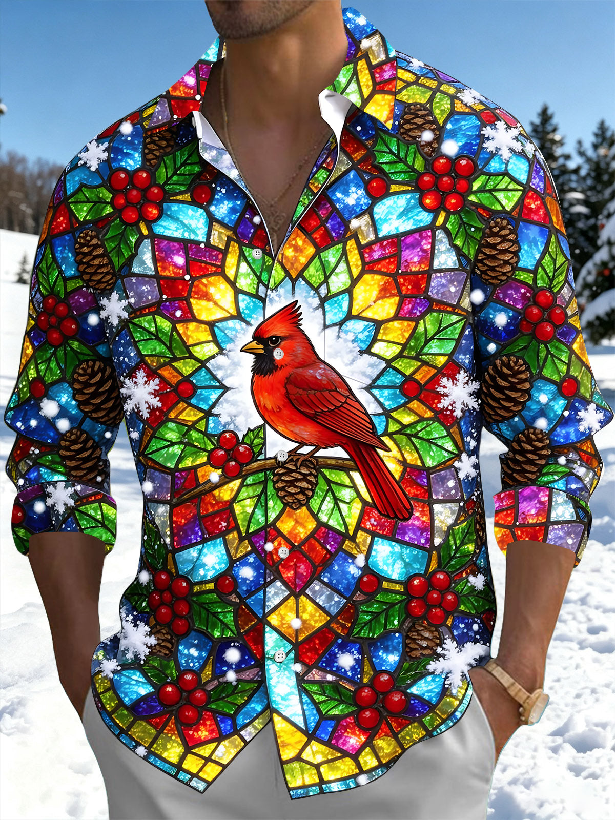 Adaychic Men's Christmas Stained Glass Cardinal Bird Print Long Sleeve Shirt with Chest Pocket