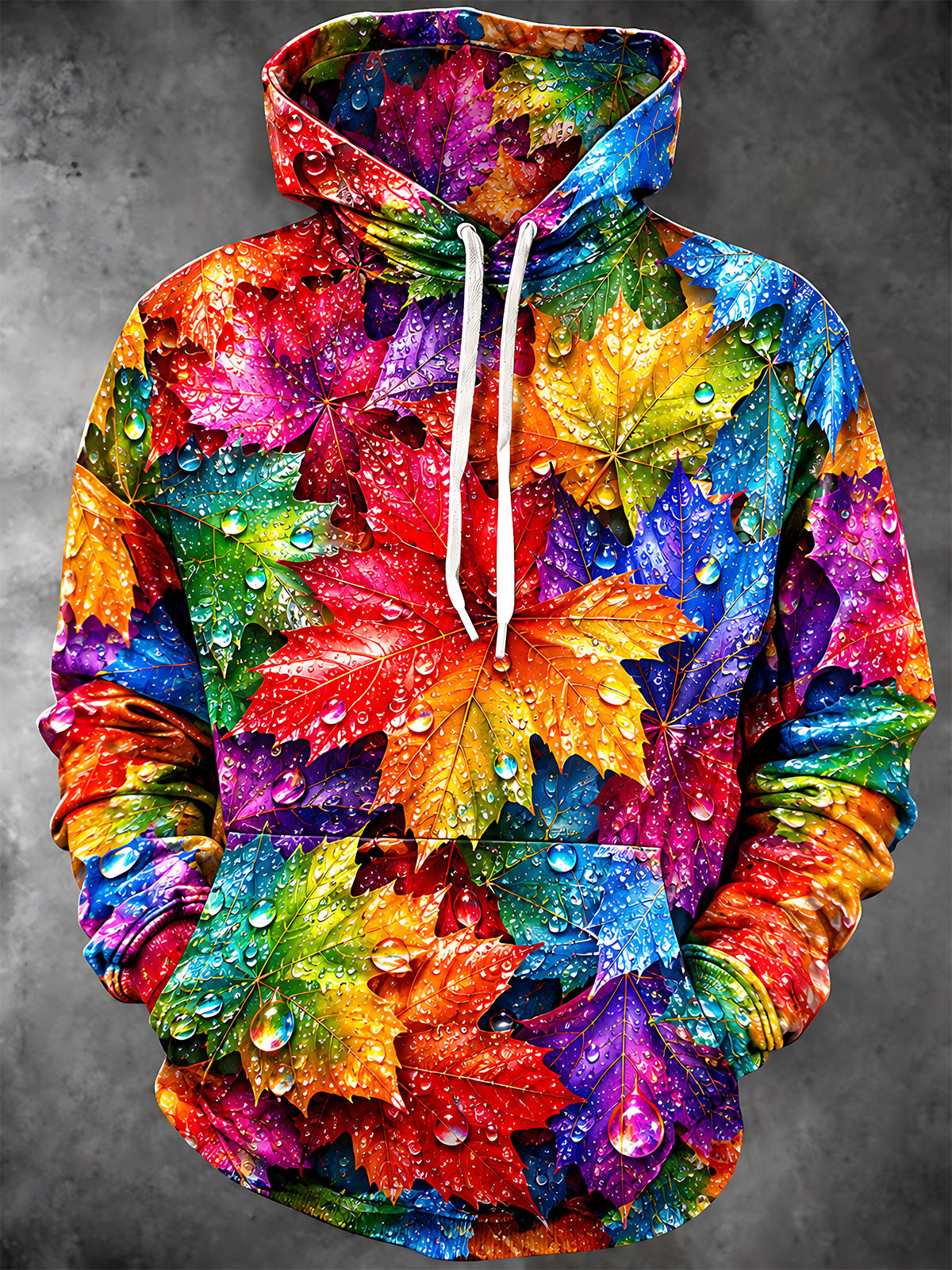 Adaychic Men's Long Sleeve Hoodie - Colorful Maple Leaves With Water Droplets Print