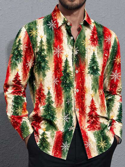 Adaychic Men's Long Sleeve Shirt - Watercolor Christmas Trees And Snowflakes Print with Chest Pocket