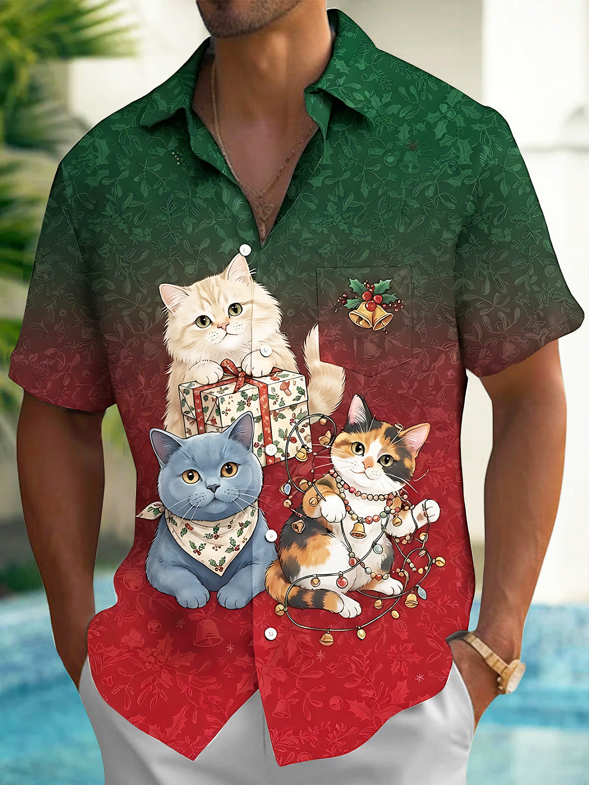 Adaychic Men's Christmas Cats With Gifts And Lights Print Short Sleeve Shirt with Chest Pocket