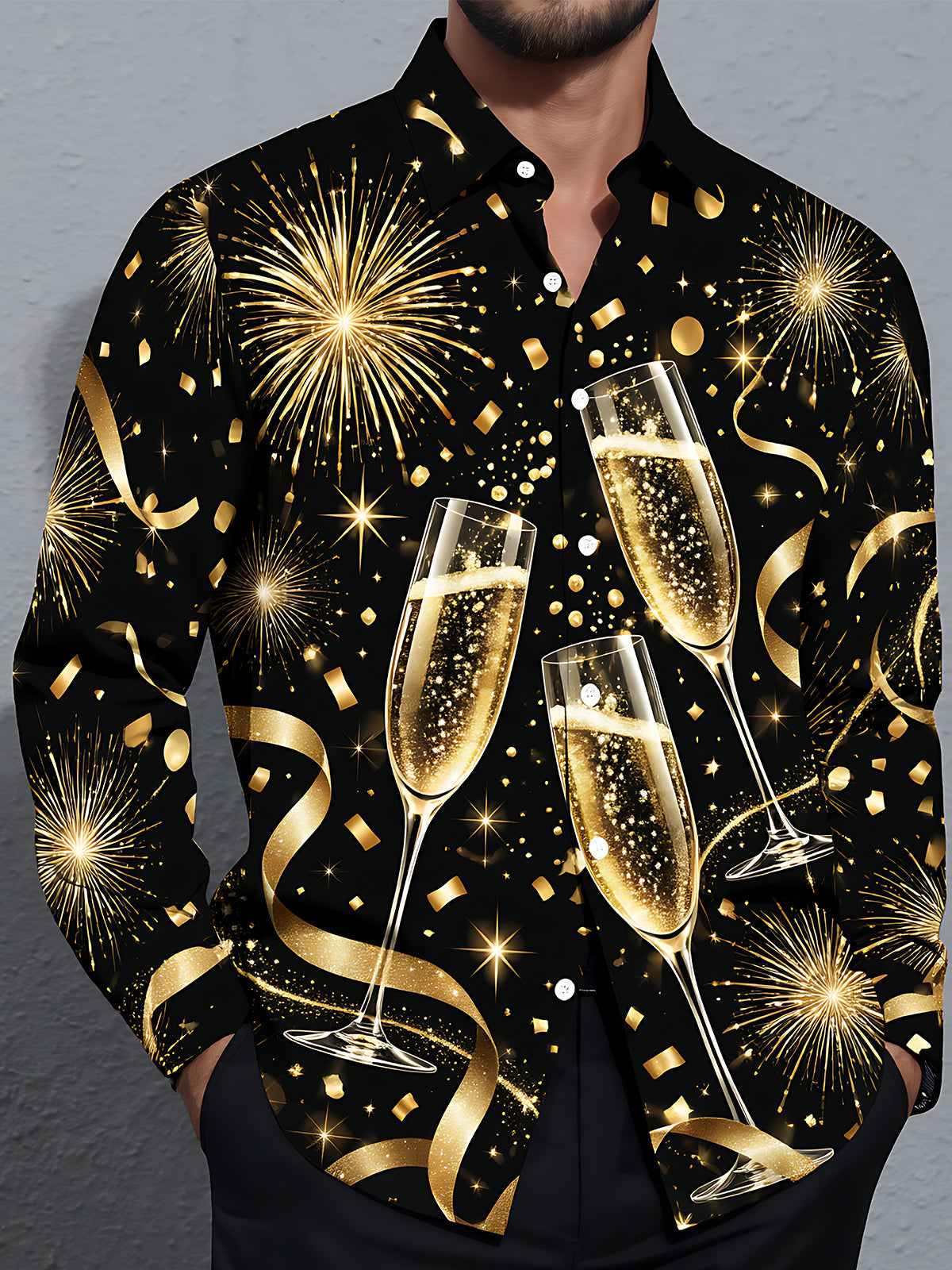Adaychic Men's New Year Champagne Glasses And Fireworks Print Long Sleeve Shirt with Chest Pocket