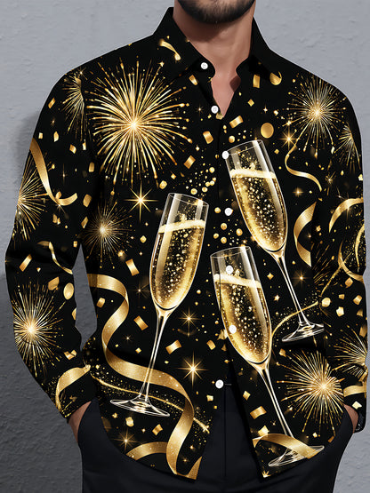 Adaychic Men's New Year Champagne Glasses And Fireworks Print Long Sleeve Shirt with Chest Pocket