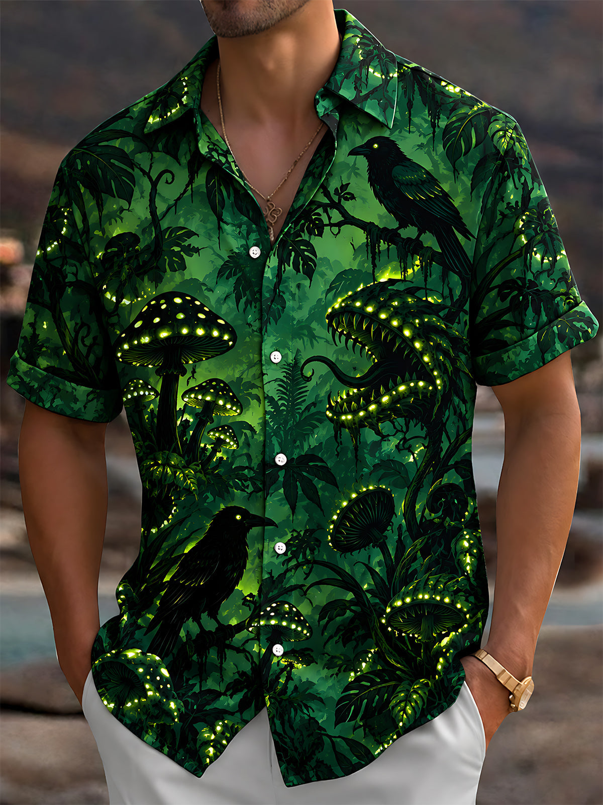 Adaychic Men's Glowing Forest Mushrooms And Crows Print Short Sleeve Shirt with Chest Pocket