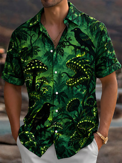 Adaychic Men's Glowing Forest Mushrooms And Crows Print Short Sleeve Shirt with Chest Pocket