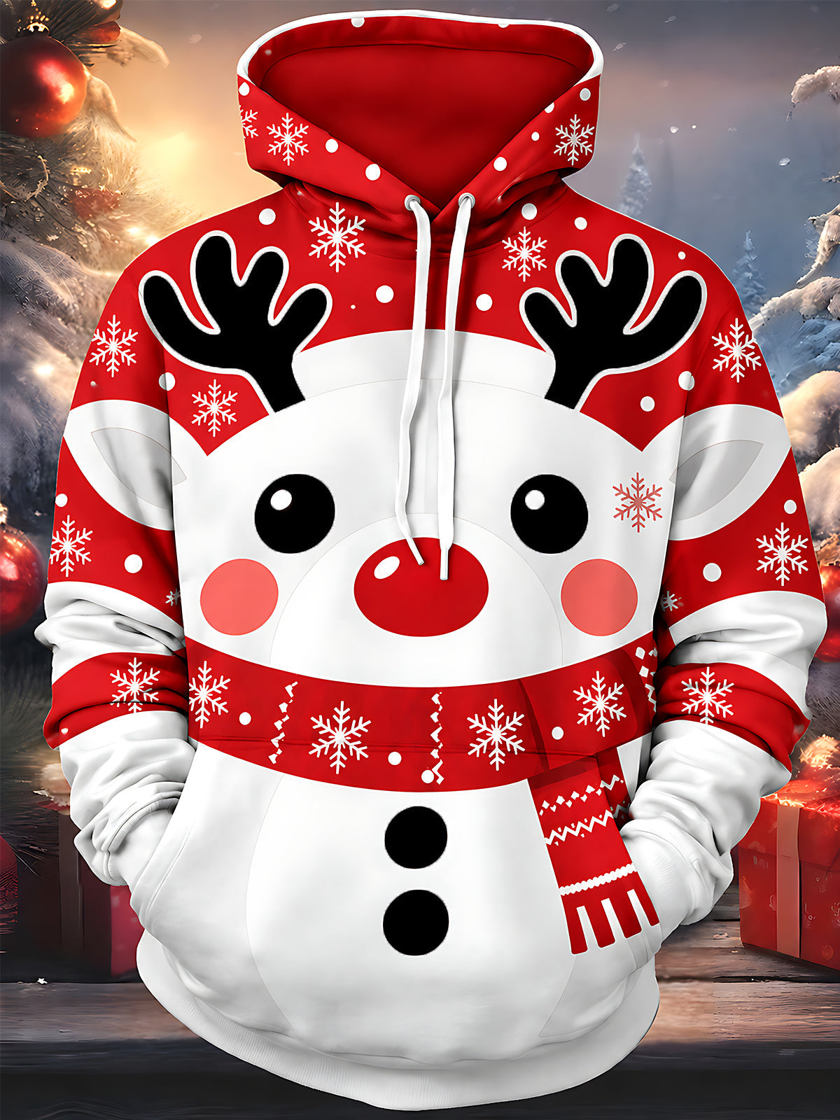 Adaychic Men's Long Sleeve Hoodie - Christmas Cute Reindeer Face With Snowflakes Print