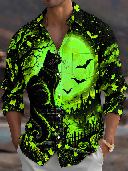 Adaychic Men's Graphic Halloween Black Cat And Pumpkins Print Long Sleeve Shirt with Chest Pocket