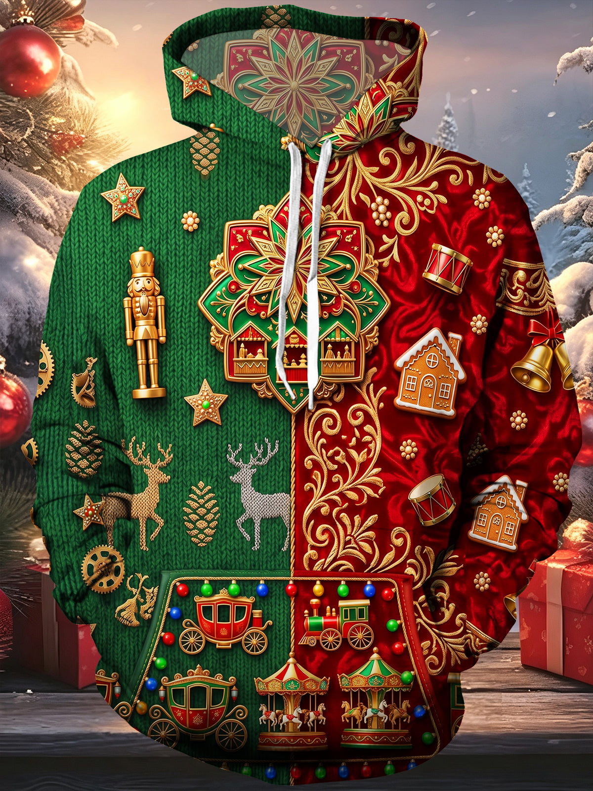Adaychic Men's Long Sleeve Hoodie - Christmas Nutcracker Reindeer Gingerbread Houses Carriages And Carousel Print