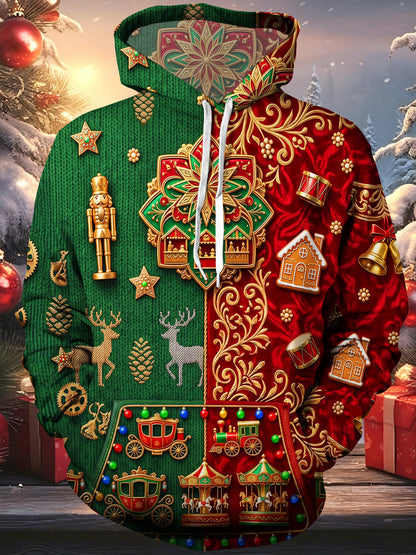 Adaychic Men's Long Sleeve Hoodie - Christmas Nutcracker Reindeer Gingerbread Houses Carriages And Carousel Print