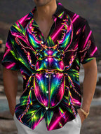 Adaychic Men's Neon Stag Beetle And Tropical Leaves Print Short Sleeve Shirt with Chest Pocket