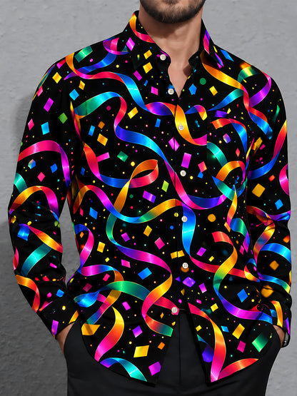 Adaychic Men's Patterned Colorful Ribbons And Confetti Print Long Sleeve Shirt with Chest Pocket