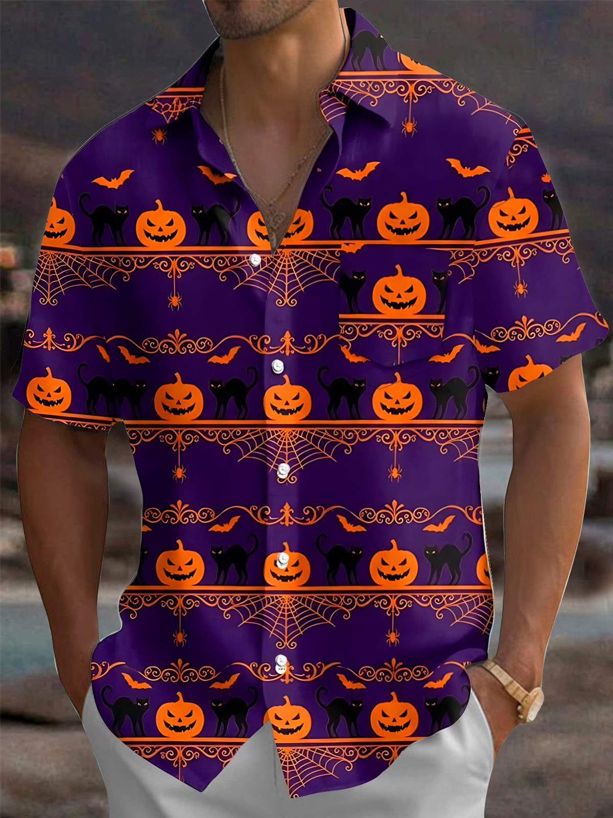 Adaychic Men's Halloween Black Cats And Pumpkins Print Short Sleeve Shirt with Chest Pocket