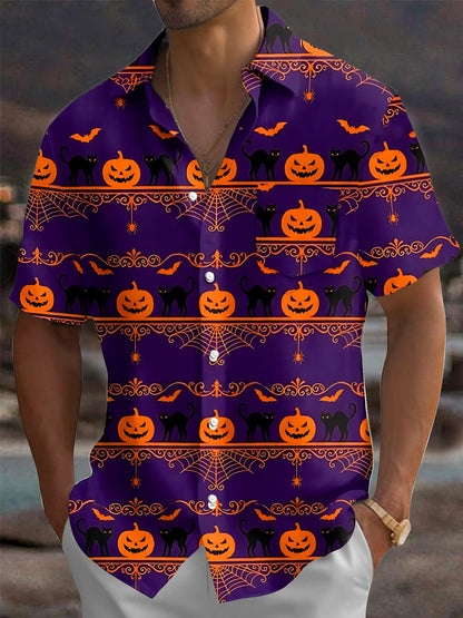 Adaychic Men's Halloween Black Cats And Pumpkins Print Short Sleeve Shirt with Chest Pocket