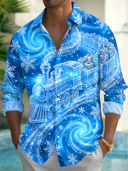 Adaychic Men's Printed Christmas Train And Gifts Print Long Sleeve Shirt