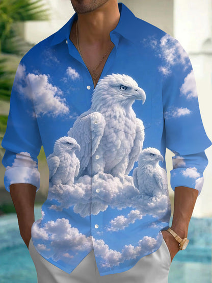 Adaychic Men's Printed White Eagle Birds Print Long Sleeve Shirt with Chest Pocket
