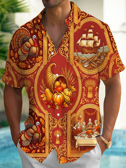 Adaychic Men's Short Sleeve Shirt - Thanksgiving Cornucopia And Harvest Produce Print with Chest Pocket