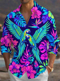 Adaychic Men's Neon Parrots And Tropical Flowers Print Long Sleeve Shirt with Chest Pocket