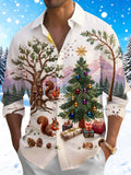 Adaychic Men's Long Sleeve Shirt - Christmas Tree And Ornaments With Squirrels Print with Chest Pocket