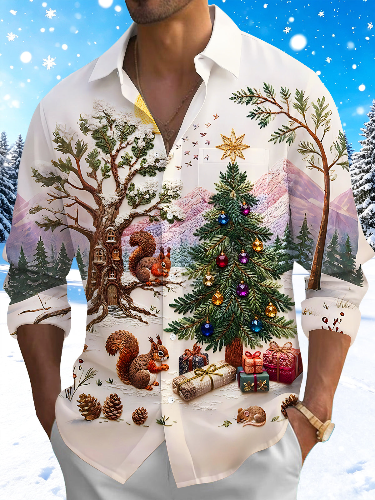 Adaychic Men's Long Sleeve Shirt - Christmas Tree And Ornaments With Squirrels Print with Chest Pocket