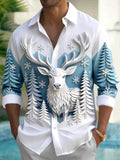 Adaychic Men's 3D Elk And Pine Trees With Snowflakes Print Long Sleeve Shirt with Chest Pocket