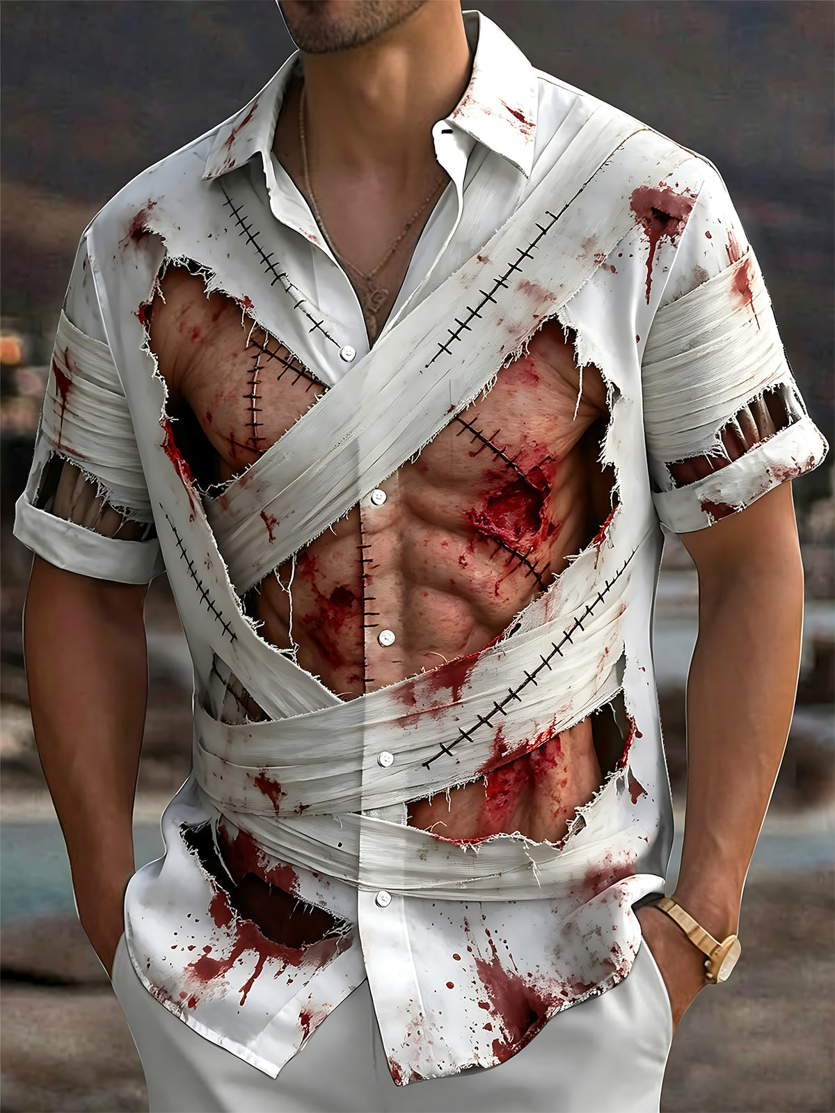 Adaychic Men's Short Sleeve Shirt - Halloween Zombie Bandage And Blood Splatter Print with Chest Pocket